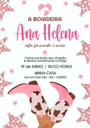 Convite de Aniversário Boiadeira Rosa Country Editável