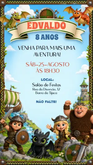 Convite de Aniversário Como Treinar o Seu Dragão Editável