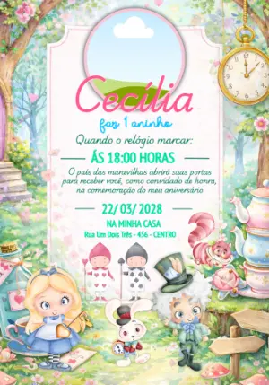 Convite Alice no País das Maravilhas com Foto Modelo Editável