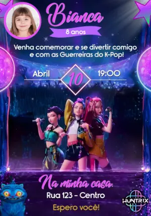 Invitation d'anniversaire KPop Demon Hunters – Statique – Convites e Artes Digitais