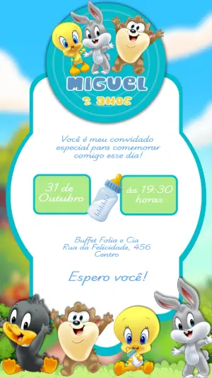 Convite Aniversário Baby Looney Tunes para Editar Online