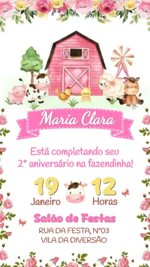 Convite Fazendinha Rosa Menina: Modelo Digital para Editar