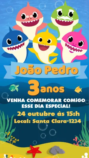 Convite de Aniversário Baby Shark Fundo do Mar para Editar