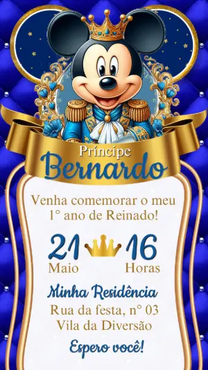Convite de Aniversário Mickey Príncipe Azul e Dourado para editar