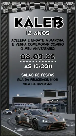 Convite de Aniversário Carro de Corrida Moderno para Editar