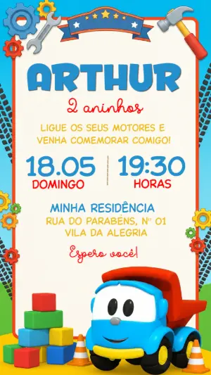 Convite de Aniversário Léo o Caminhão Colorido para Editar