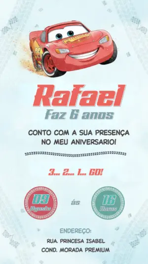 Convite Digital Carros Disney para Aniversário Infantil Editável