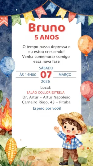 Convite Digital Festa Junina Infantil Aquarela Modelo Editável