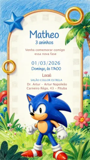 Convite Animado Aniversário Sonic Clássico para Editar