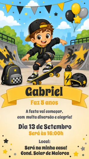 Convite de Aniversário Skatista Herói Editável para Menino