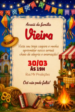 Convite Digital Arraiá Junino com Fogueira e Sanfona Editável