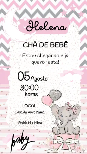 Convite Chá de Bebê Elefantinha Rosa Fofo para Editar