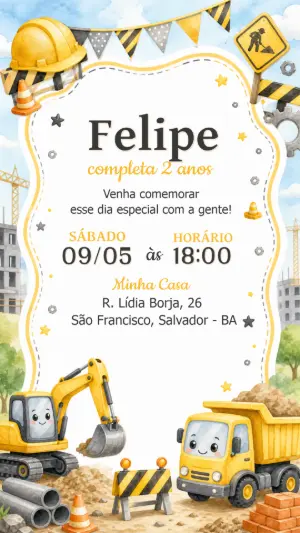 Modelo de Convite Aniversário Construção Editável