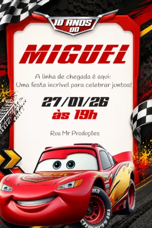 Convite de Aniversário Carros Relâmpago Mcqueen Editável