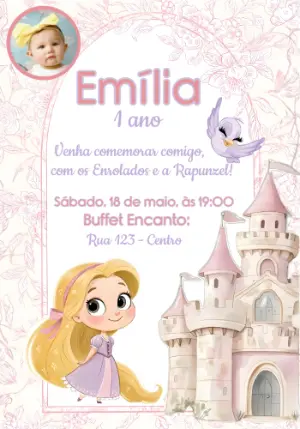 Convite de Aniversário Rapunzel com Foto para Editar
