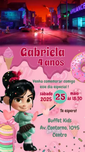 Convite Animado Aniversário Vanellope Detona Ralph para Editar