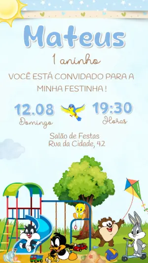 Convite Aniversário Baby Looney Tunes para Editar Online