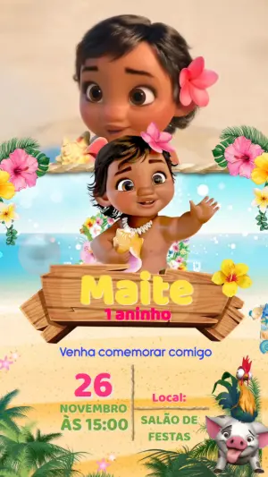 Convite Animado Aniversário Moana Baby para Editar Online