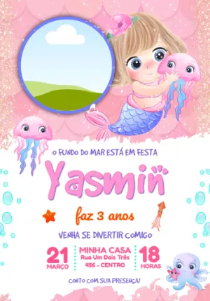 Convite de Aniversário Sereia com Foto para Editar