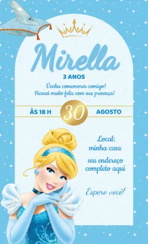 Convite de Aniversário Cinderela Azul Editável