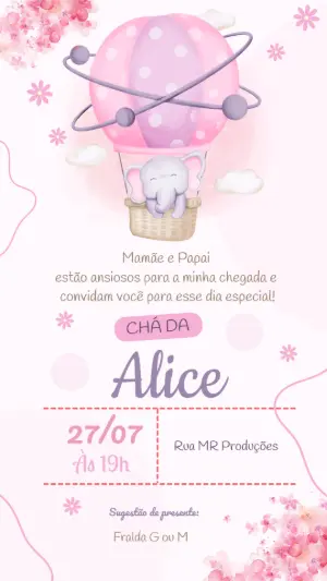 Convite Chá de Fraldas Elefantinha no Balão para Editar