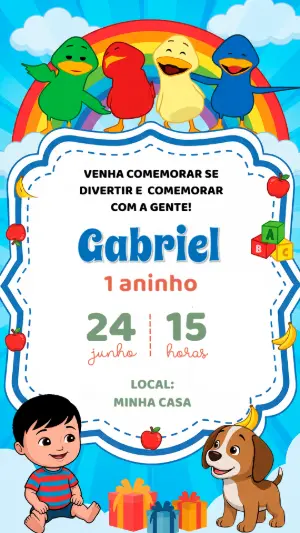 Convite de Aniversário Infantil Bento e Totó Colorido para Editar