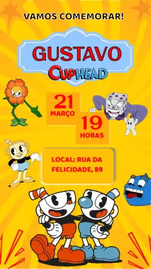 Convite Aniversário Cuphead com Personagens para Editar Online