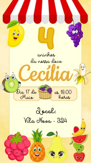 Convite de Aniversário Frutinhas Colorido para Editar