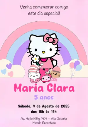 Convite Aniversário Hello Kitty e Turma para Editar Online