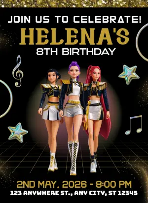 Invitation d'anniversaire KPop Demon Hunters – Statique – Borboleta Convites