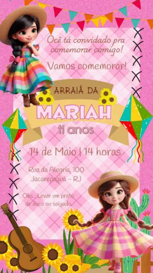 Convite Aniversário Festa Junina com Menina para Editar Online