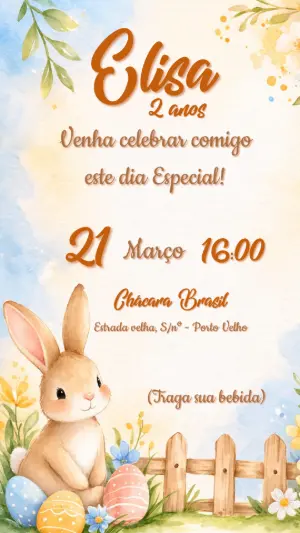 Convite de Aniversário Coelhinho da Páscoa Aquarela Editável