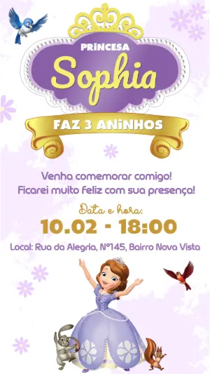 Convite de Aniversário Princesa Sophia Roxo e Dourado para Editar