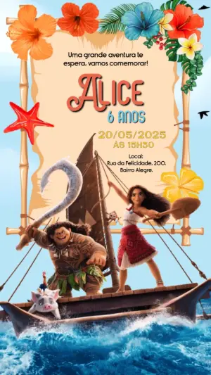 Convite Animado Aniversário Moana para Editar Online