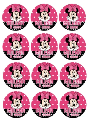Adesivo Redondo Aniversário Minnie Rosa para Editar Online