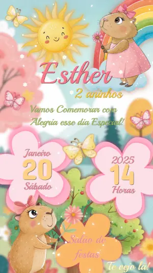 Convite de Aniversário Capivara Fofa Modelo Editável