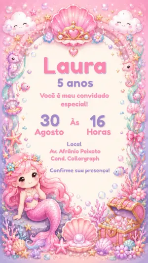 Convite de Aniversário Sereia Fofa em Tons Pastel Editável
