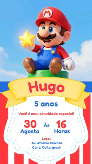 Convite de Aniversário Mario Bros 3D Modelo Editável