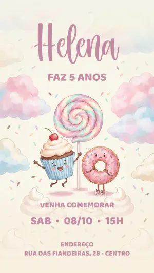 Convite Aniversário Infantil Doces Aquarela para Editar