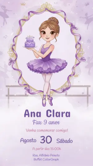 Convite de Aniversário Bailarina Lilás Modelo Editável