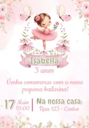 Convite de Aniversário Bailarina Rosa Aquarela Editável