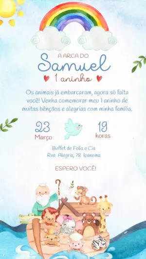 Convite de Aniversário Arca de Noé Aquarela Editável