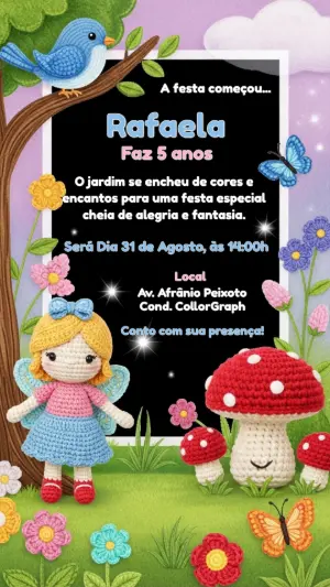 Convite Aniversário Amigurumi Jardim Encantado para Editar