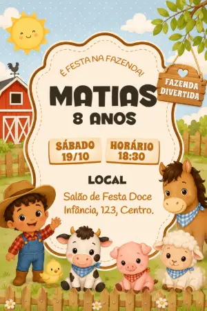 Convite de Aniversário Fazendinha dos Bichos para Editar