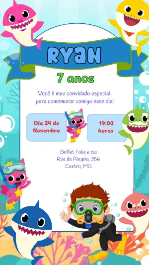 Convite de Aniversário Baby Shark para Editar Online