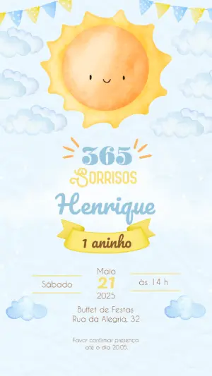 Convite Aniversário 1 Ano Solzinho 365 Sorrisos para Editar