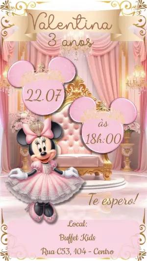 Convite Minnie Realeza Rosa e Dourado para Editar