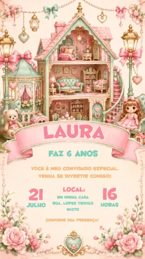 Convite Aniversário Casa de Bonecas Rosa Editável