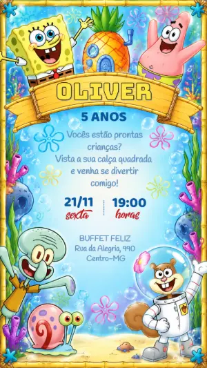 Convite de Aniversário Bob Esponja Infantil para Editar