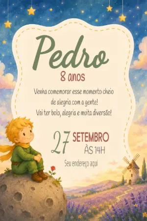 Convite de Aniversário Pequeno Príncipe Aquarela para Editar